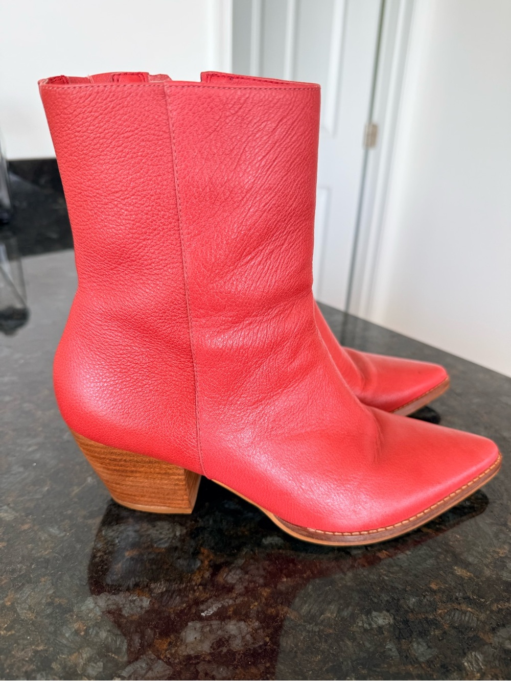 Matisse Red Leather Pointed Mid-Heel Ankle Boots